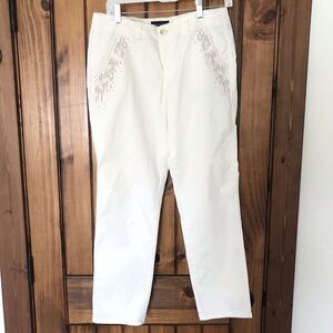 American Eagle Jeans Sz 8 Womens White Chino Stretch Pants Embroidery Pocket EUC